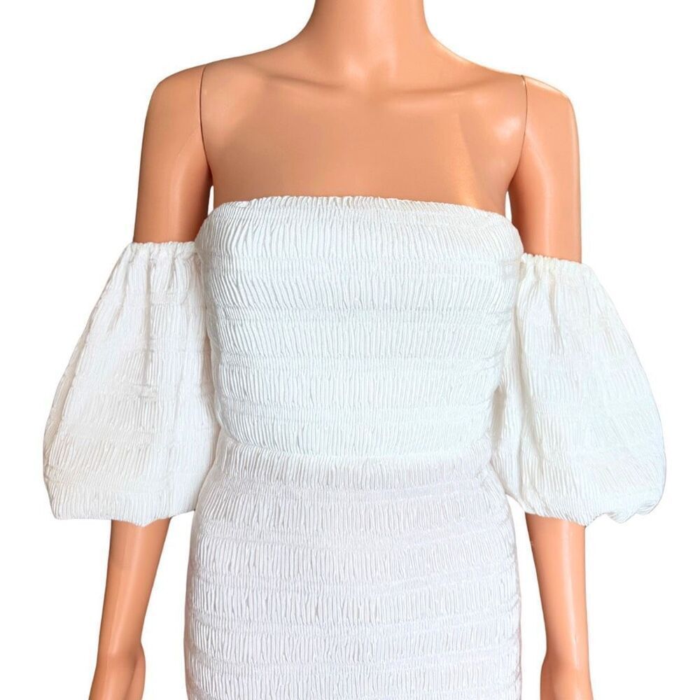 Nwt L'idee Art Deco White Pleated Off Shoulder Puff Sleeve Mini Dress 8 Smocked — image 5 of 8